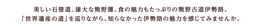 美しい石畳道、雄大な熊野灘、食の魅力もたっぷりの熊野古道伊勢路。「世界遺産の道」を巡りながら、知らなかった伊勢路の魅力を感じてみませんか。